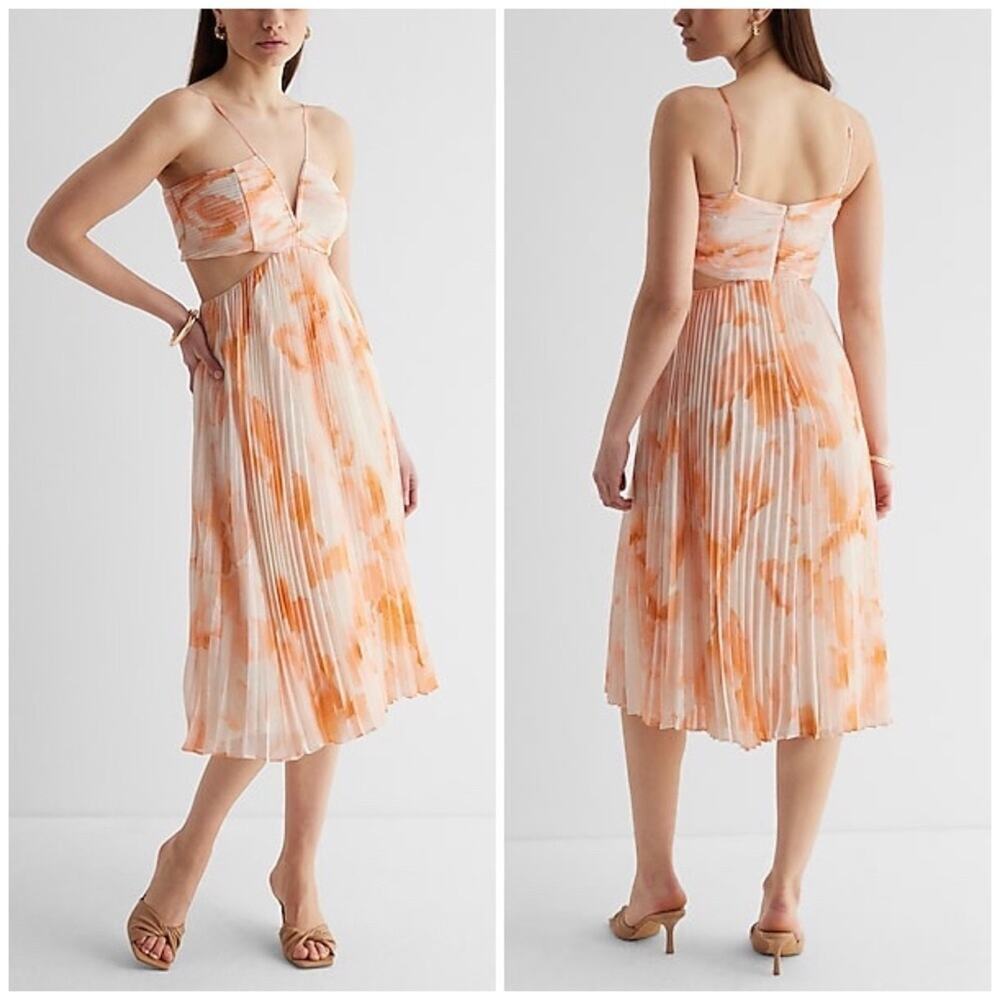 Express Midi Dress Floral Pleated Pastel Flowy Side Cut Out Size XL White Orange - Picture 2 of 15